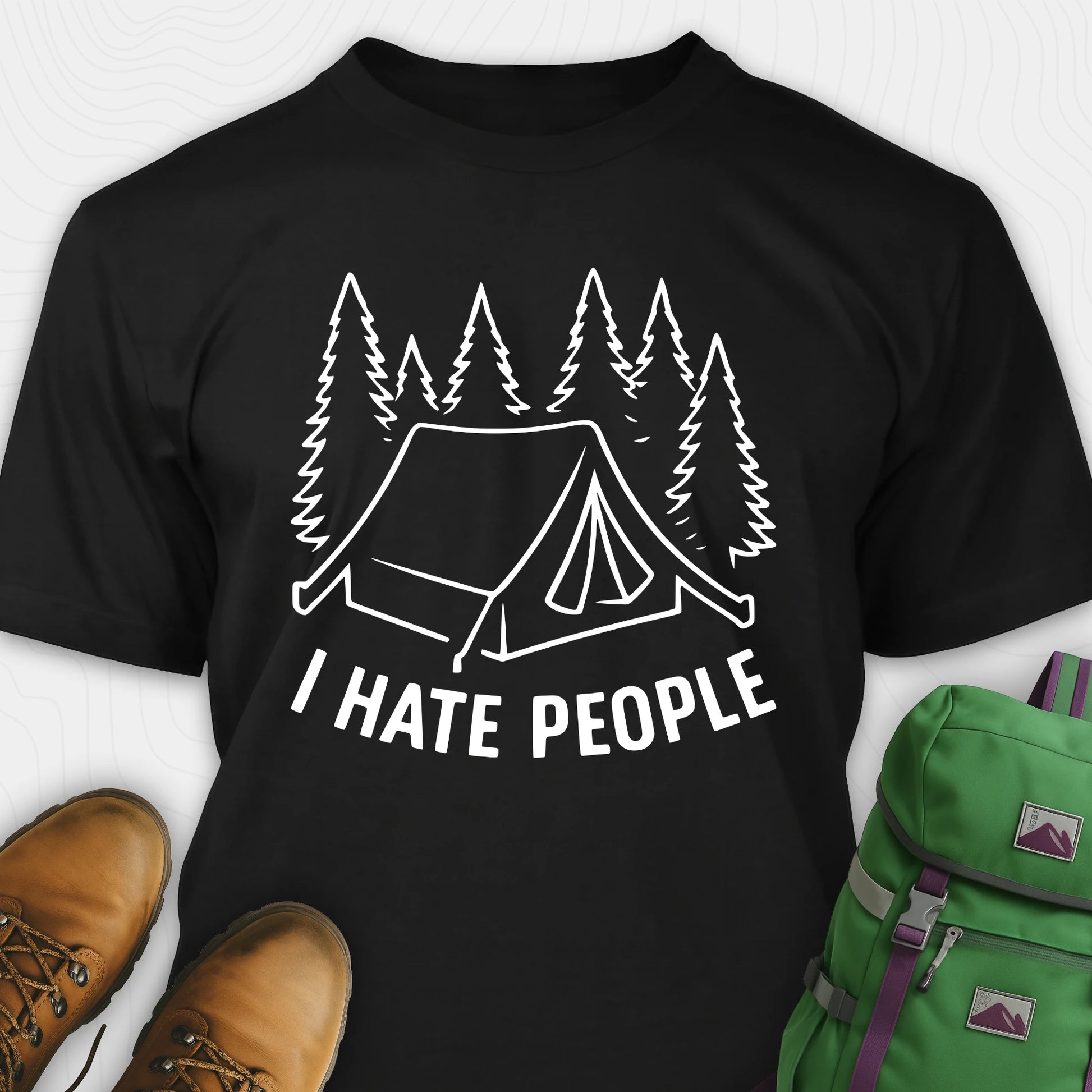 Black I hate everybody t-shirt with tent and pine tree graphic