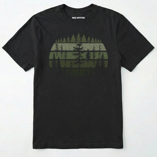 Black forest shirt with distressed pine tree design on a white background