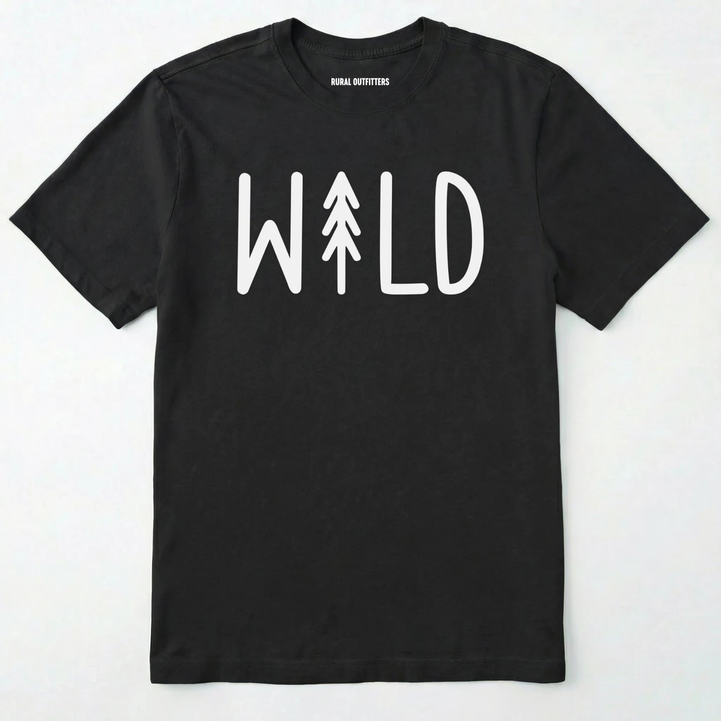 Black t-shirt with 'wild' and a tree graphic on a white background
