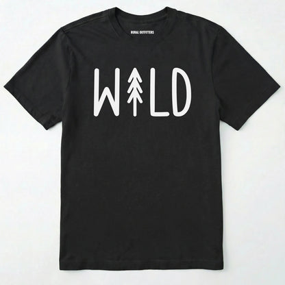 Black t-shirt with 'wild' and a tree graphic on a white background