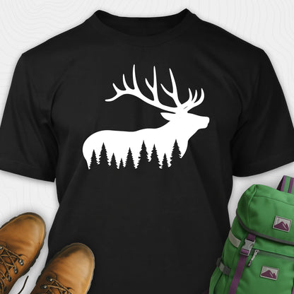 Black elk shirt with black elk silhouette design, paired with brown boots and a green backpack on a white background.