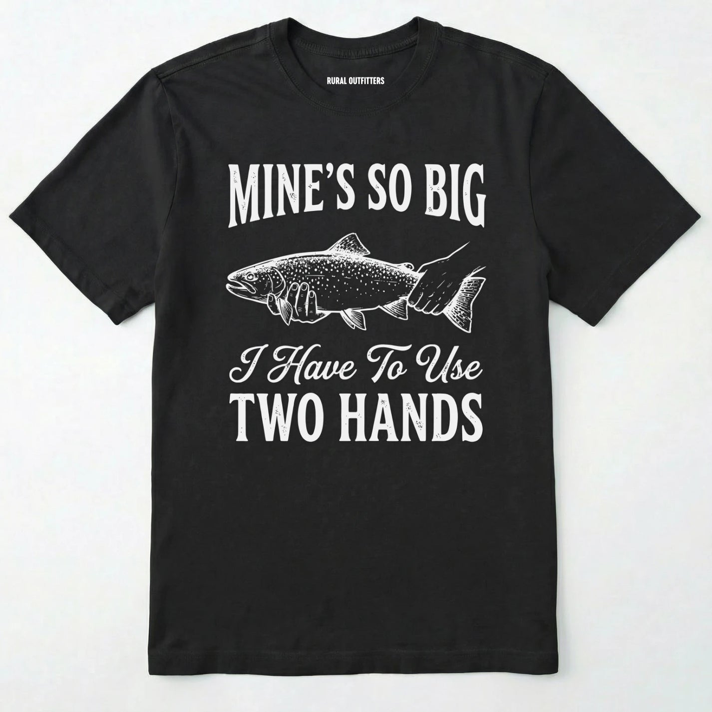 Black t-shirt with white text and fish graphic on a white background