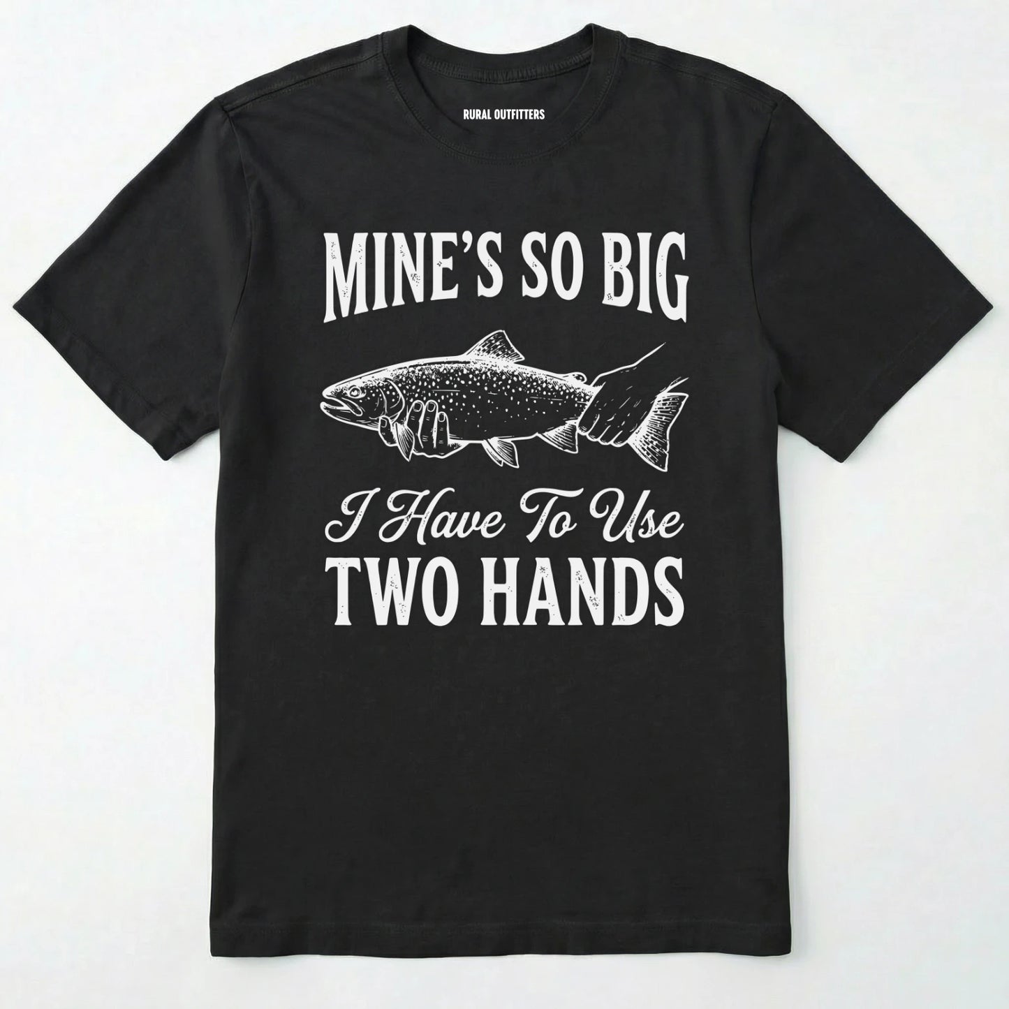 Black t-shirt with white text and fish graphic on a white background