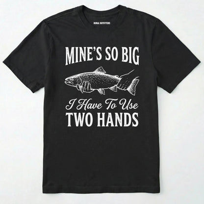 Black t-shirt with white text and fish graphic on a white background