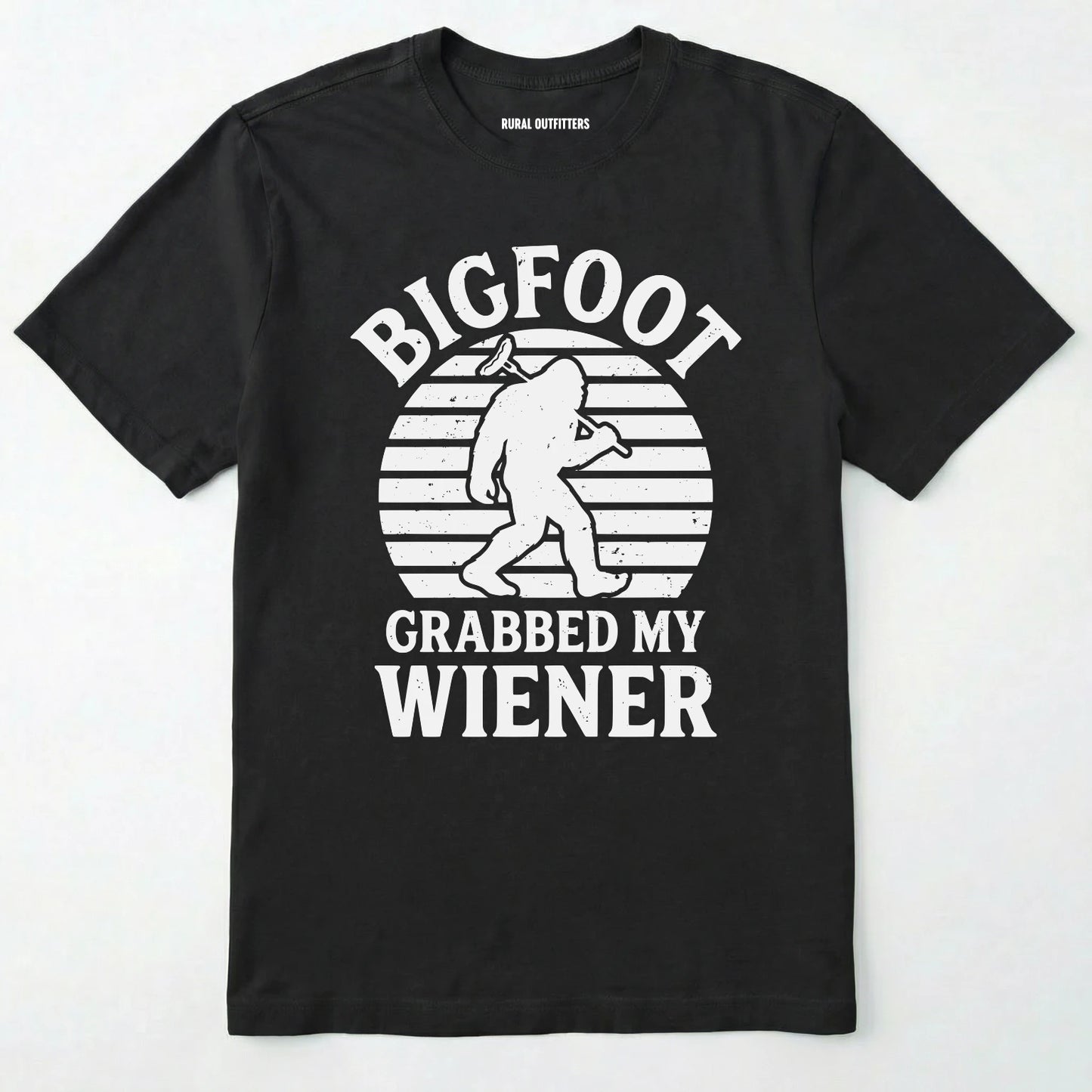 Black bigfoot grabbed my wiener t-shirt with a funny design and text, on a plain white background.