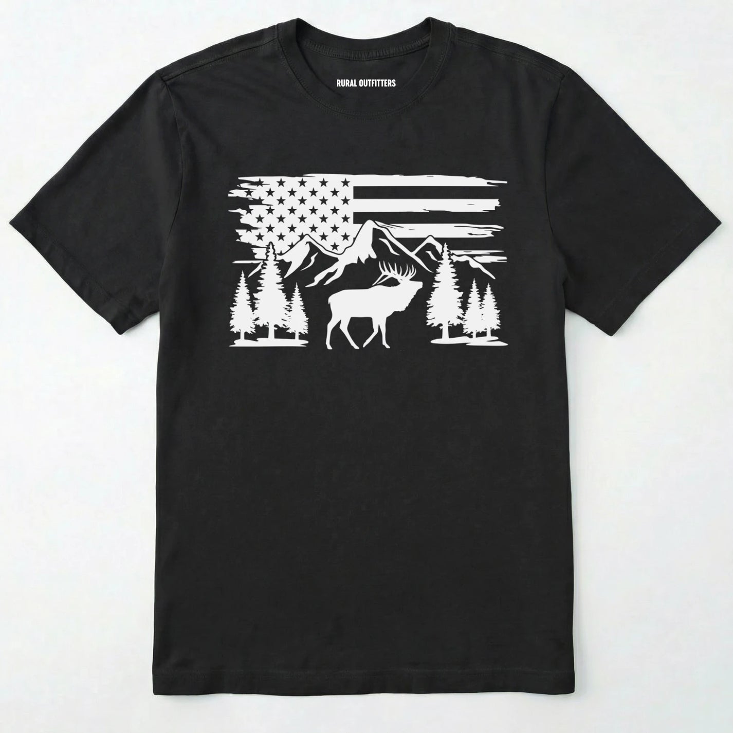 Black deer t-shirt with black graphic design of an american flag, trees, and a elk graphic.
