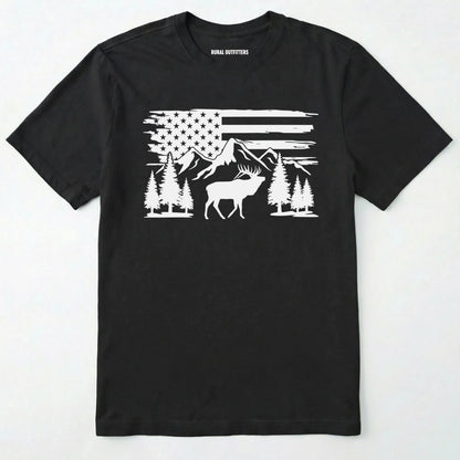 Black deer t-shirt with black graphic design of an american flag, trees, and a elk graphic.
