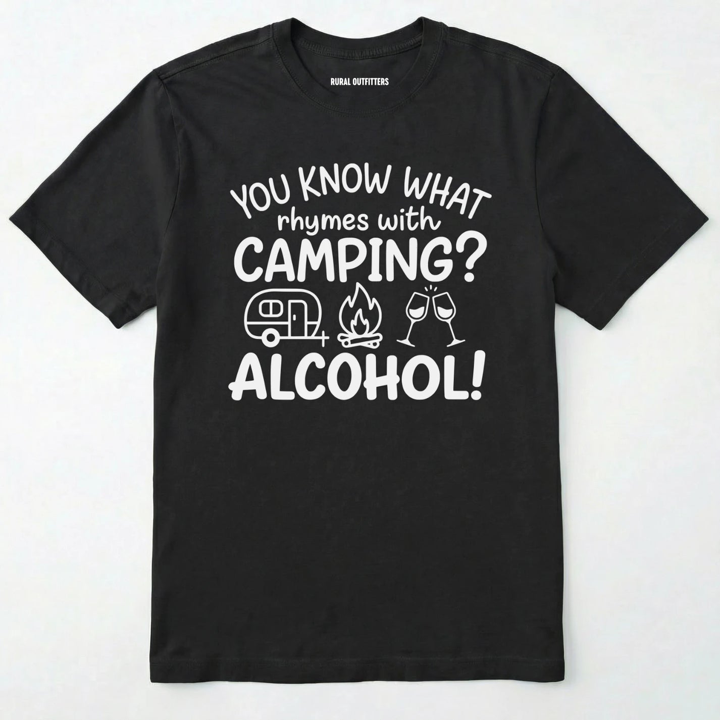 Black you know what rhymes with camping alcohol shirt with camper, fire, and wine glass graphics on a white background.