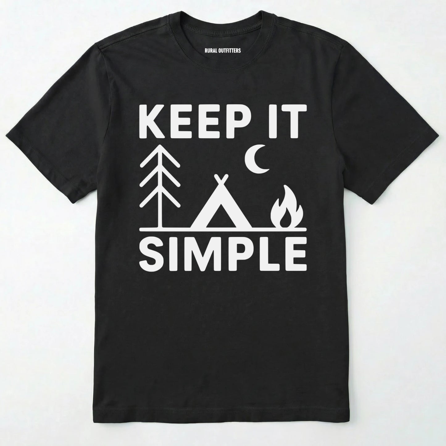 Black keep it simple camping t-shirt with tent and campfire graphic on a white background