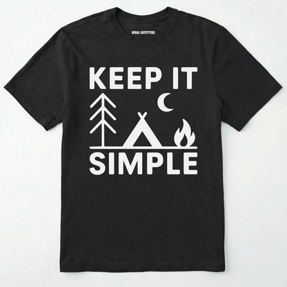 Black keep it simple camping t-shirt with tent and campfire graphic on a white background