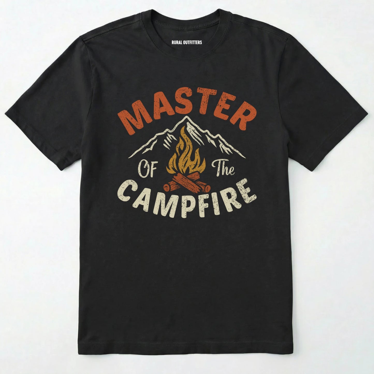 Black fire starter shirt with retro campfire and mountain graphic, featuring "master of the campfire" text on a white background.