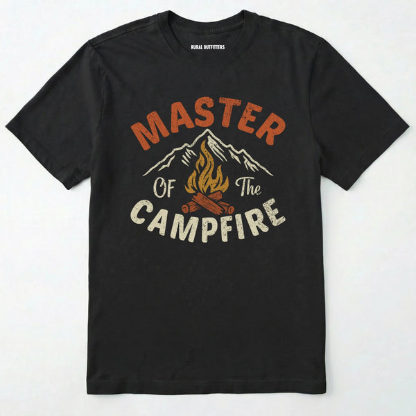 Black fire starter shirt with retro campfire and mountain graphic, featuring "master of the campfire" text on a white background.