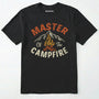 Black fire starter shirt with retro campfire and mountain graphic, featuring "master of the campfire" text on a white background.