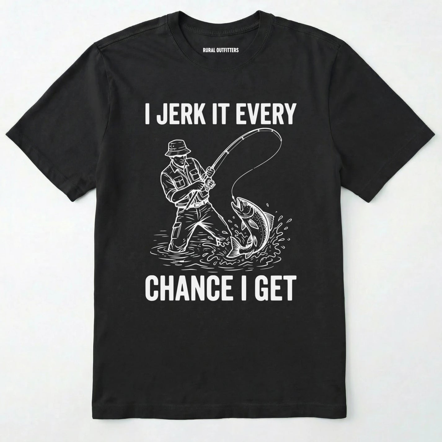 Black t-shirt with white graphic and text on a white background