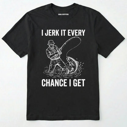 Black t-shirt with white graphic and text on a white background