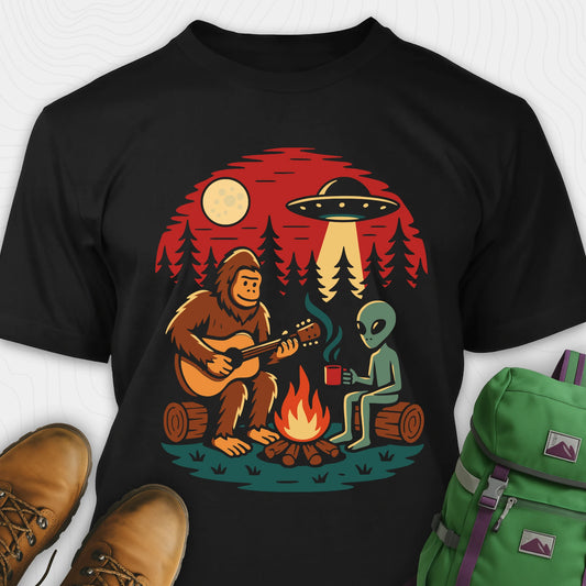 Black alien shirt with UFO, bigfoot camping by the fire design