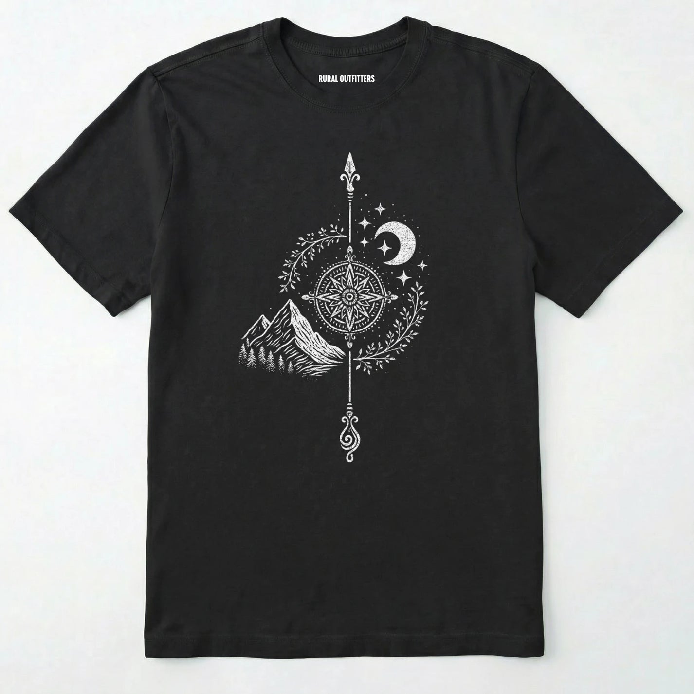 Black women's hiking shirt with a white graphic design of a compass, moon, and mountains on a white background.