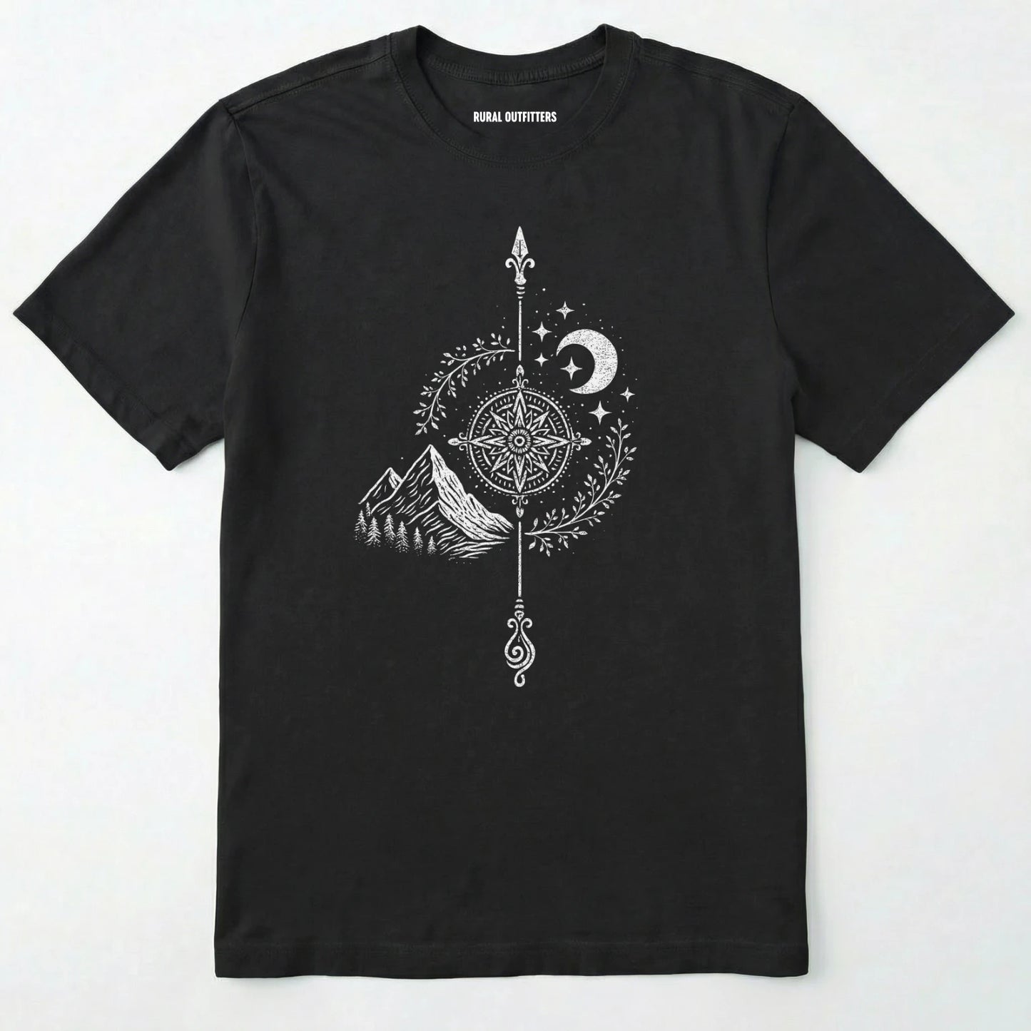 Black women's hiking shirt with a white graphic design of a compass, moon, and mountains on a white background.