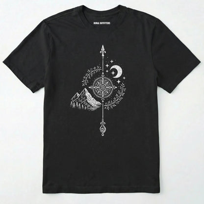 Black women's hiking shirt with a white graphic design of a compass, moon, and mountains on a white background.