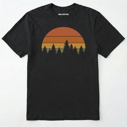 Black vintage sunset t-shirt with retro forest silhouette graphic on a white background.