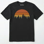 Black vintage sunset t-shirt with retro forest silhouette graphic on a white background.
