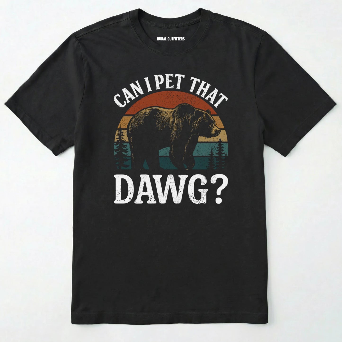 Black funny can i pet that dog shirt with a retro bear graphic on a white background.