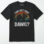 Black funny can i pet that dog shirt with a retro bear graphic on a white background.