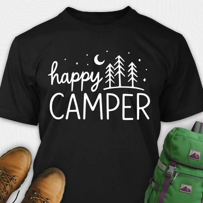 Black women’s happy camper shirt with trees and moon graphic