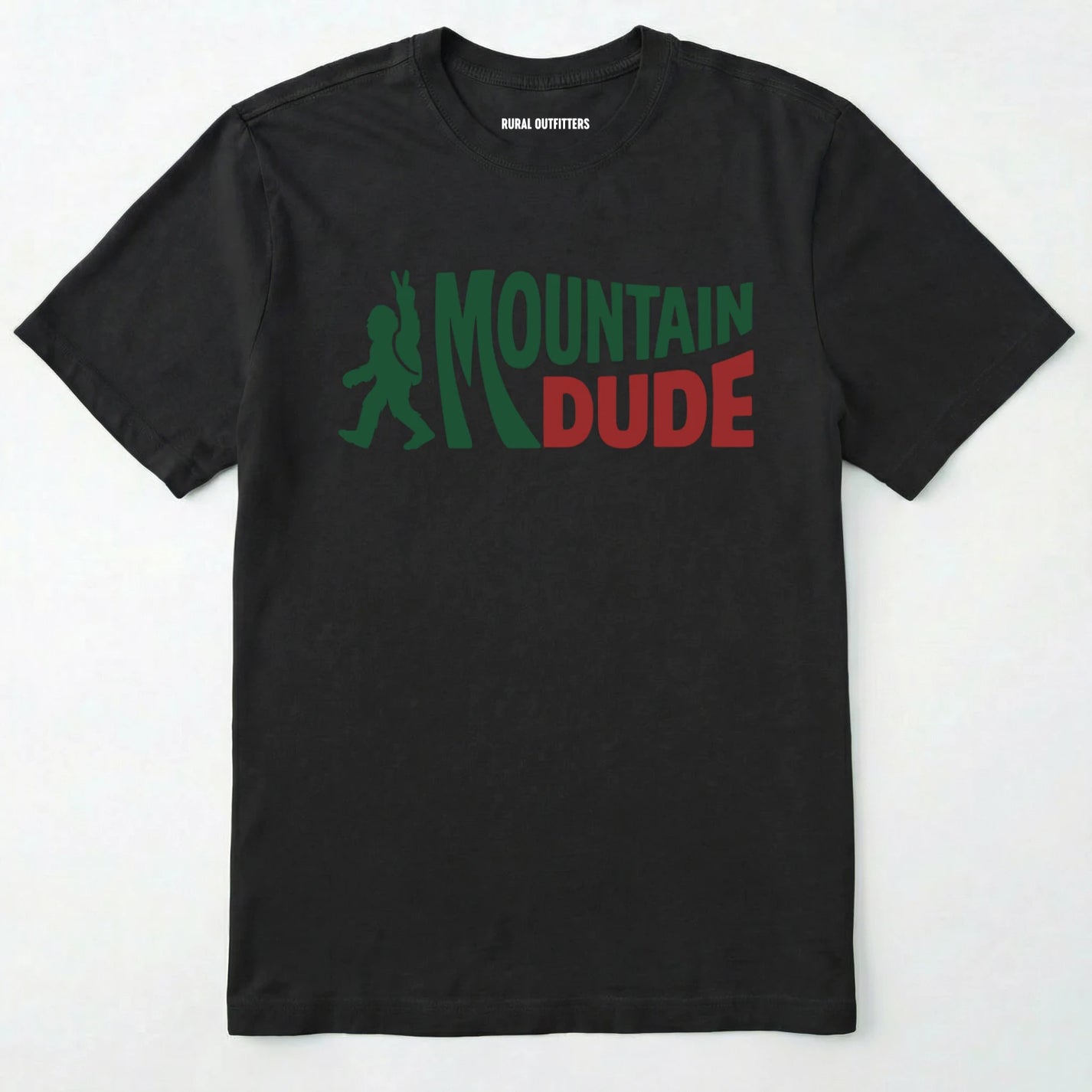 Black mountain dude shirt with Military Green and red text and bigfoot graphic on a white background.