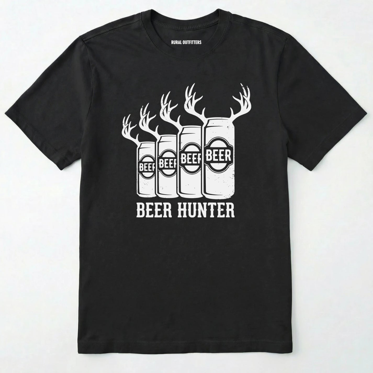 Black t-shirt with 'beer hunter' graphic featuring beer cans and antlers on a white background