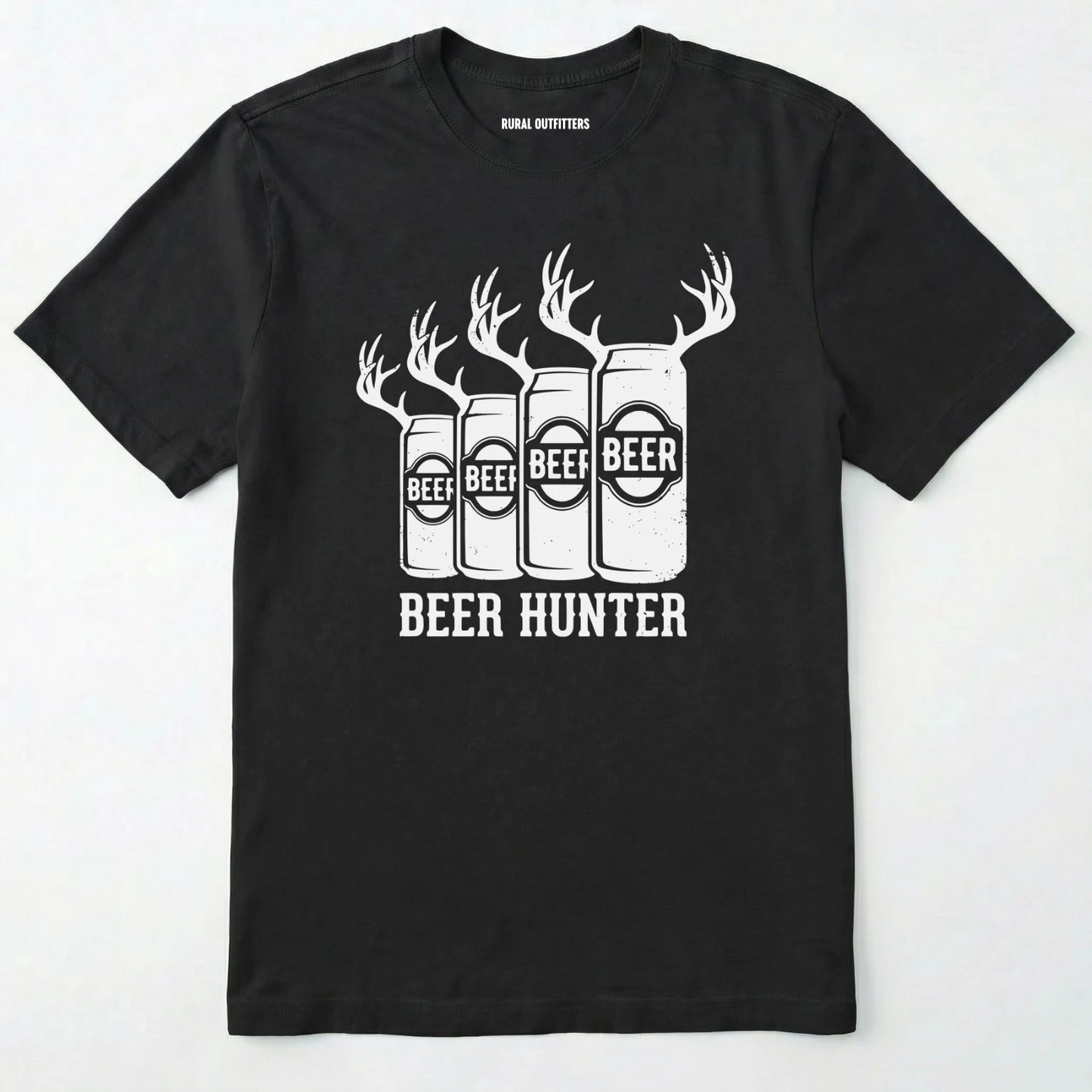 Black t-shirt with 'beer hunter' graphic featuring beer cans and antlers on a white background