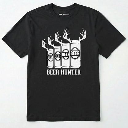Black t-shirt with 'beer hunter' graphic featuring beer cans and antlers on a white background