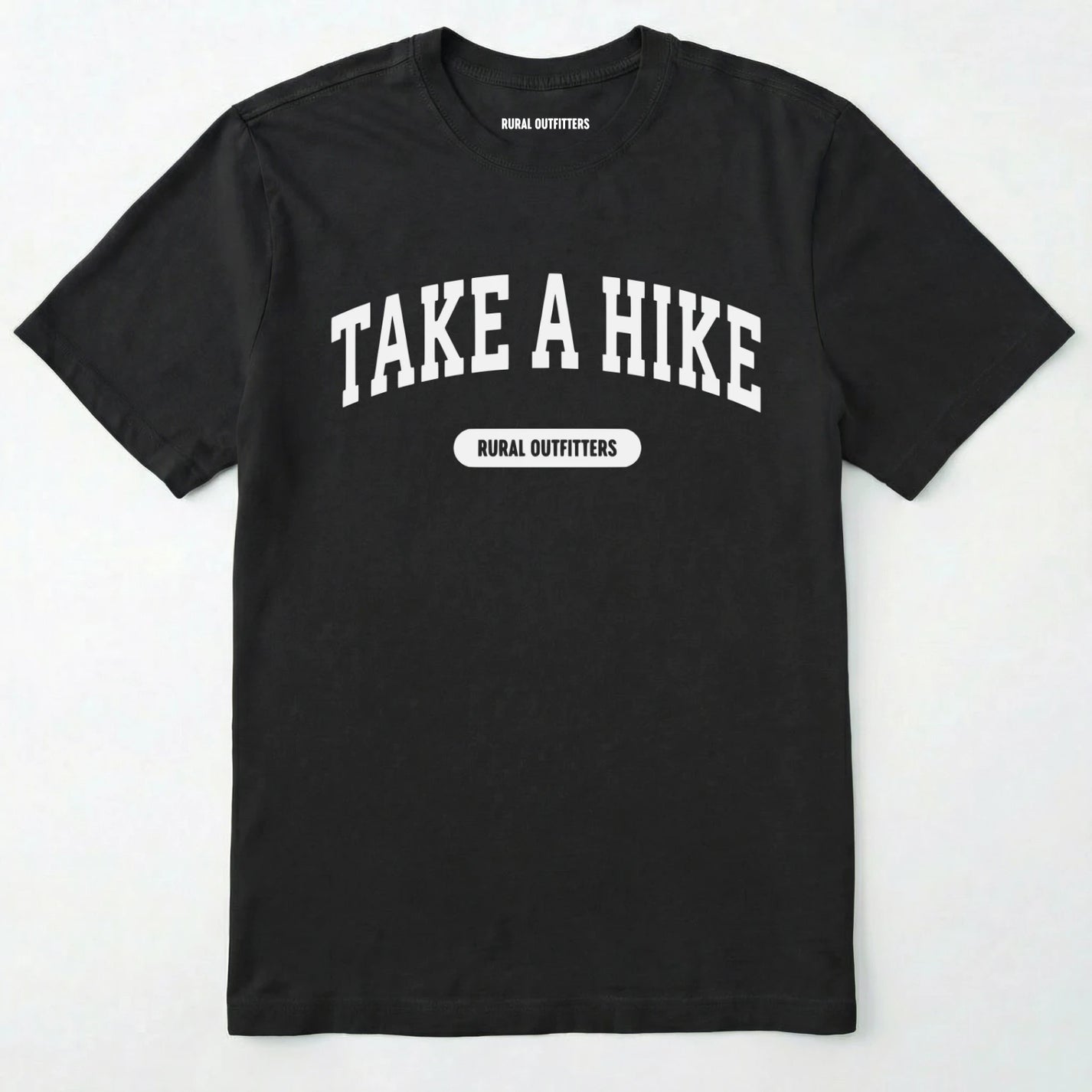 Black take a hike t-shirt on a plain white background