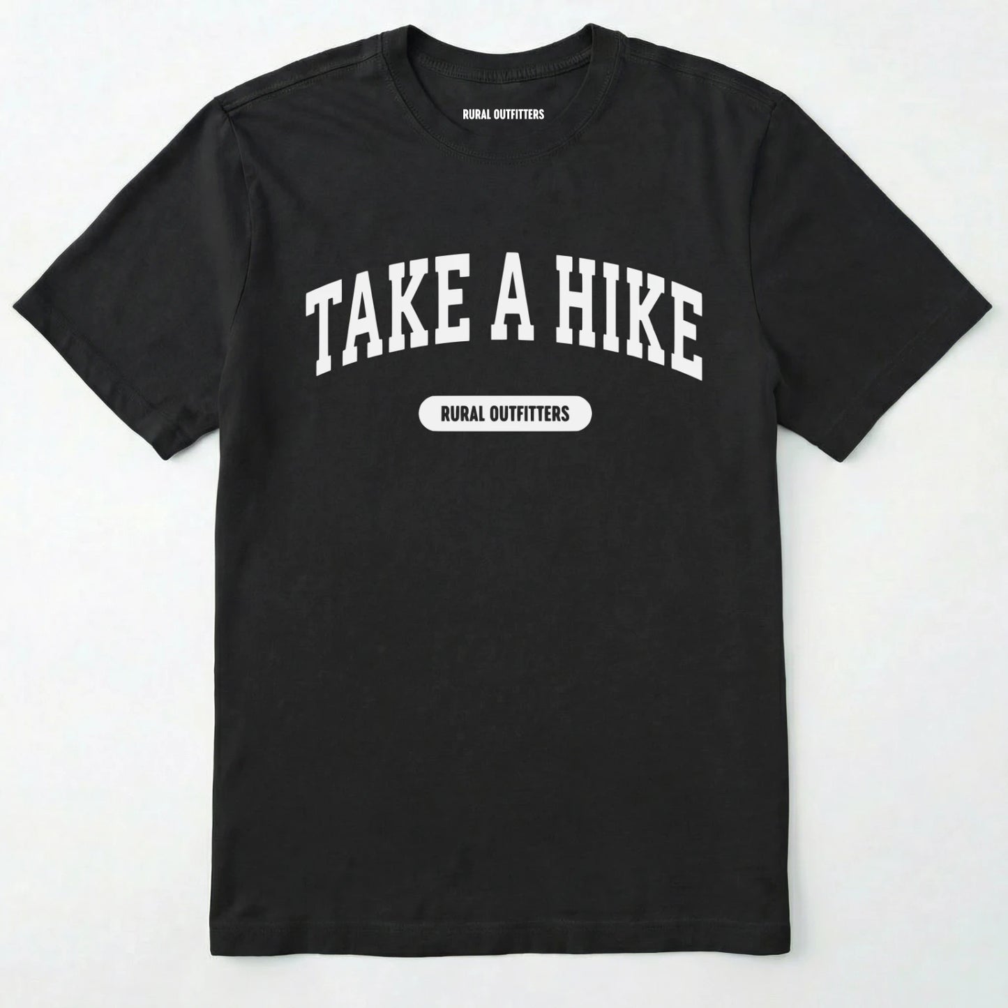 Black take a hike t-shirt on a plain white background