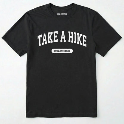 Black take a hike t-shirt on a plain white background