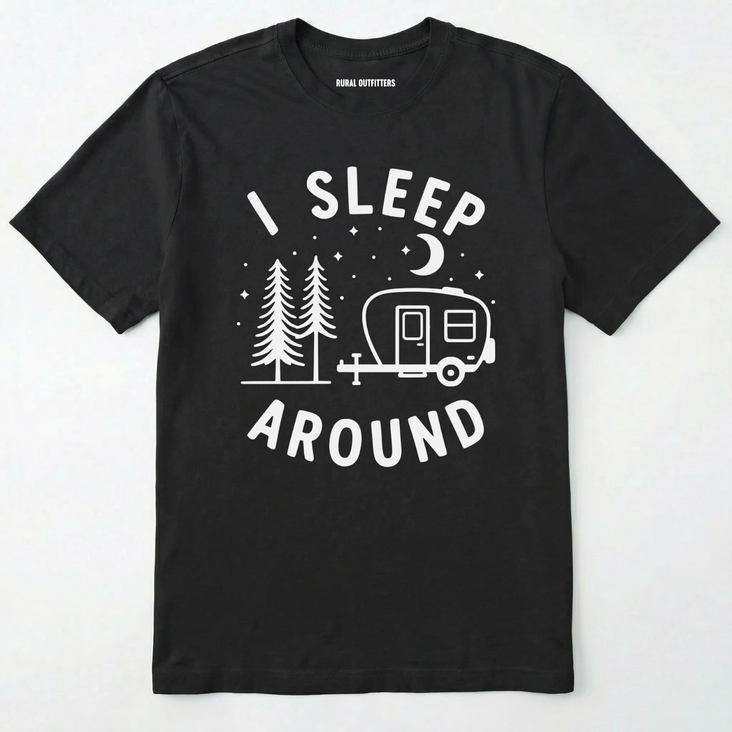 Black i sleep around camper shirt with travel trailer and night sky graphic on a white background.