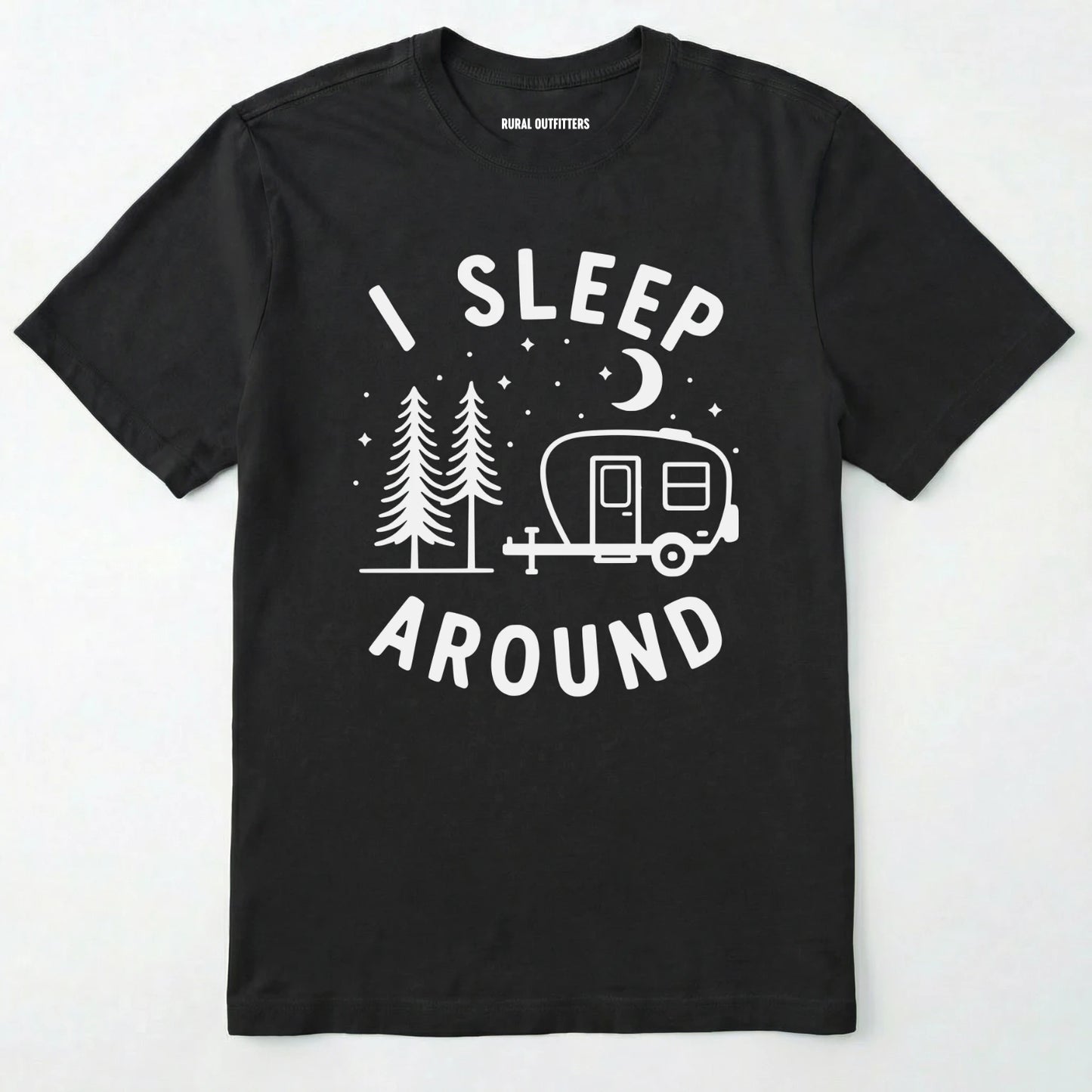 Black i sleep around camper shirt with travel trailer and night sky graphic on a white background.