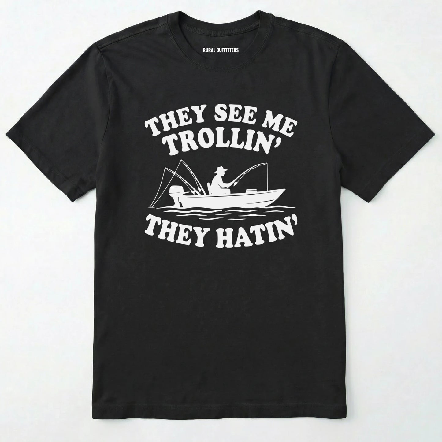 Black t-shirt with white graphic and text on a white background