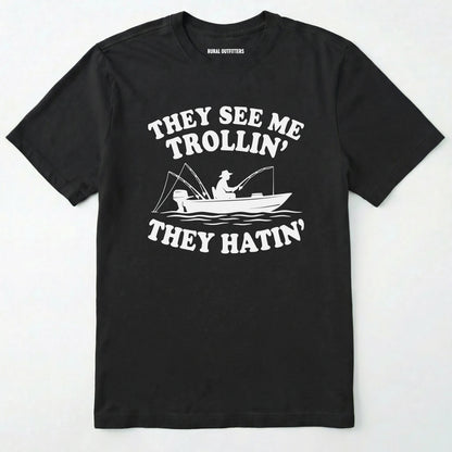 Black t-shirt with white graphic and text on a white background