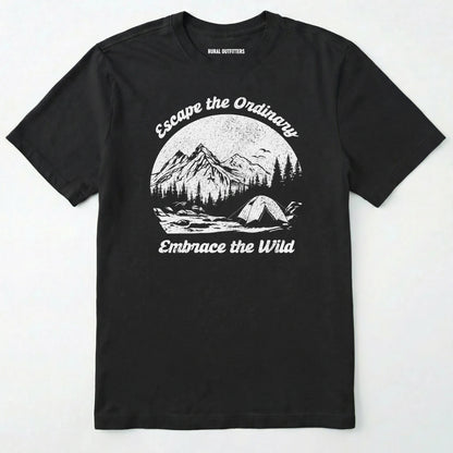 Black escape the ordinary t-shirt with mountain and tent graphic on a white background.