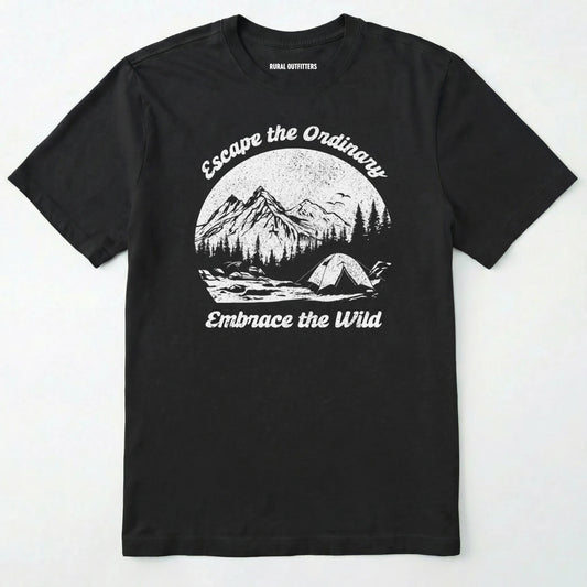 Black escape the ordinary t-shirt with mountain and tent graphic on a white background.