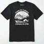 Black escape the ordinary t-shirt with mountain and tent graphic on a white background.