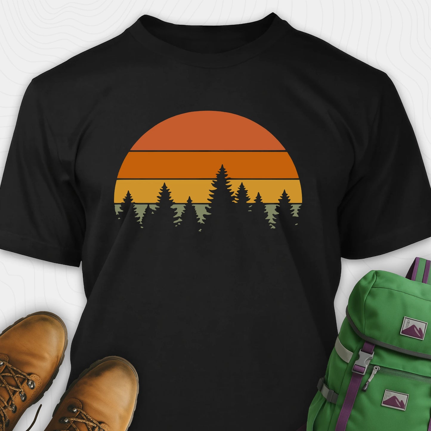 Black vintage sunset t-shirt with retro forest silhouette graphic