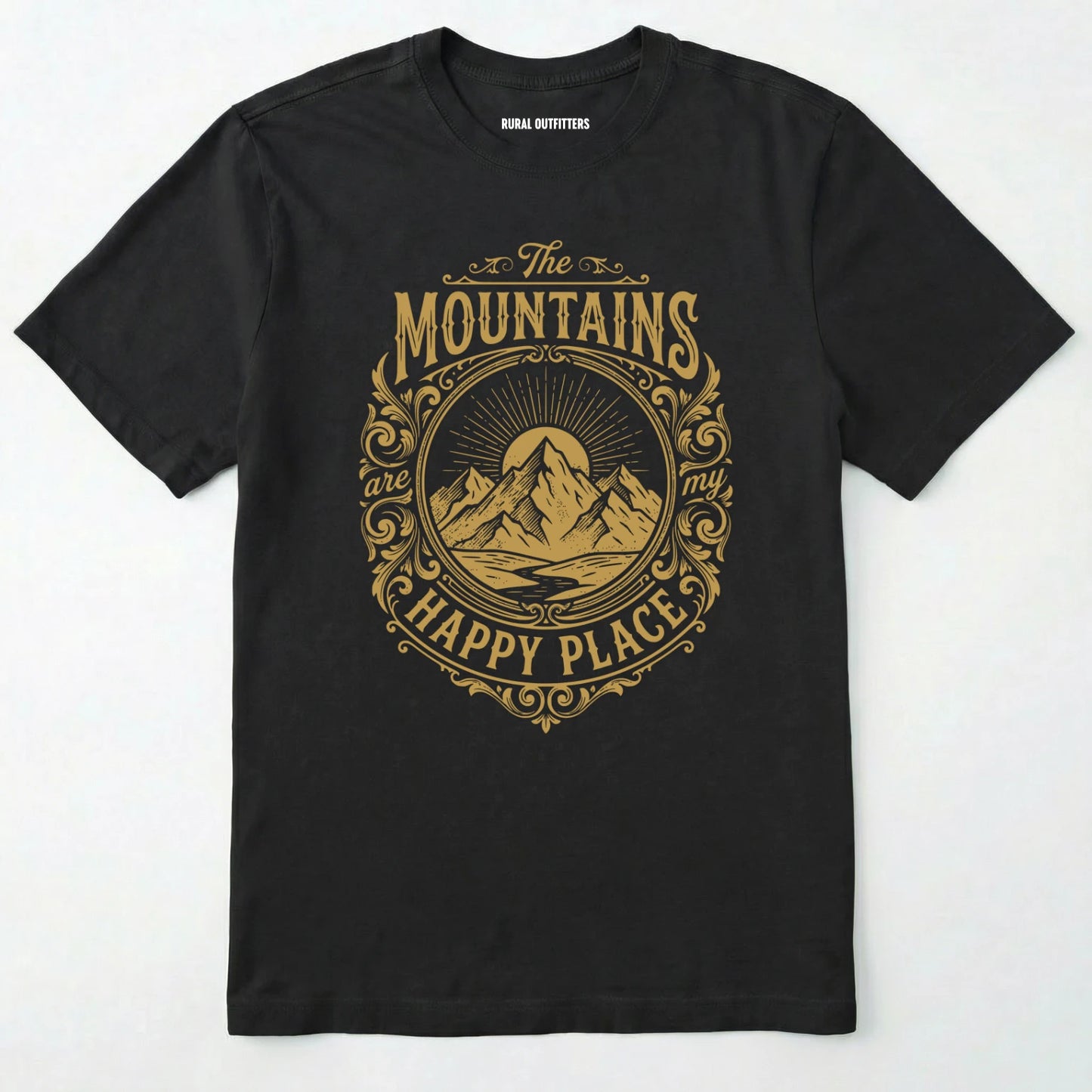 Black t-shirt with gold mountain graphic and text on a white background