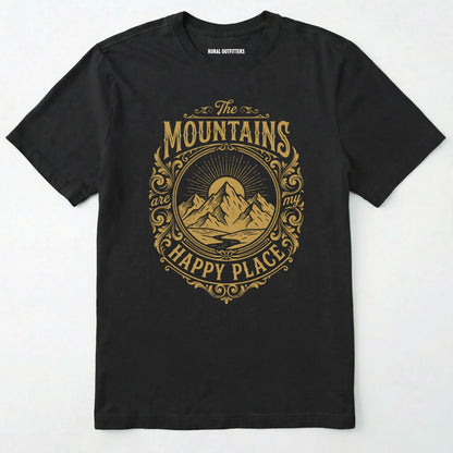 Black t-shirt with gold mountain graphic and text on a white background