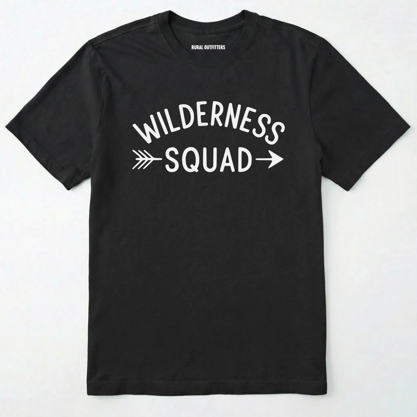 Black wilderness t-shirt with a simple arrow graphic on a white background.