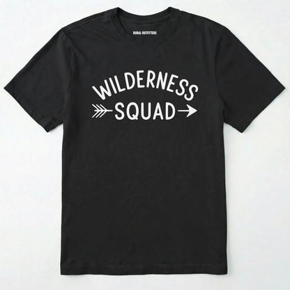 Black wilderness t-shirt with a simple arrow graphic on a white background.