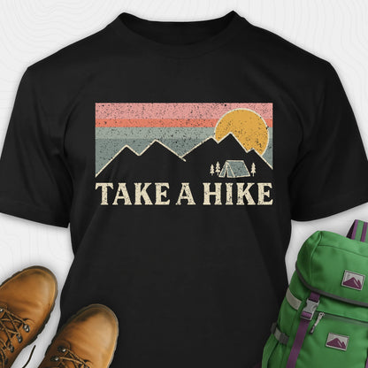 Black take a hike shirt with retro sunset and mountain graphic