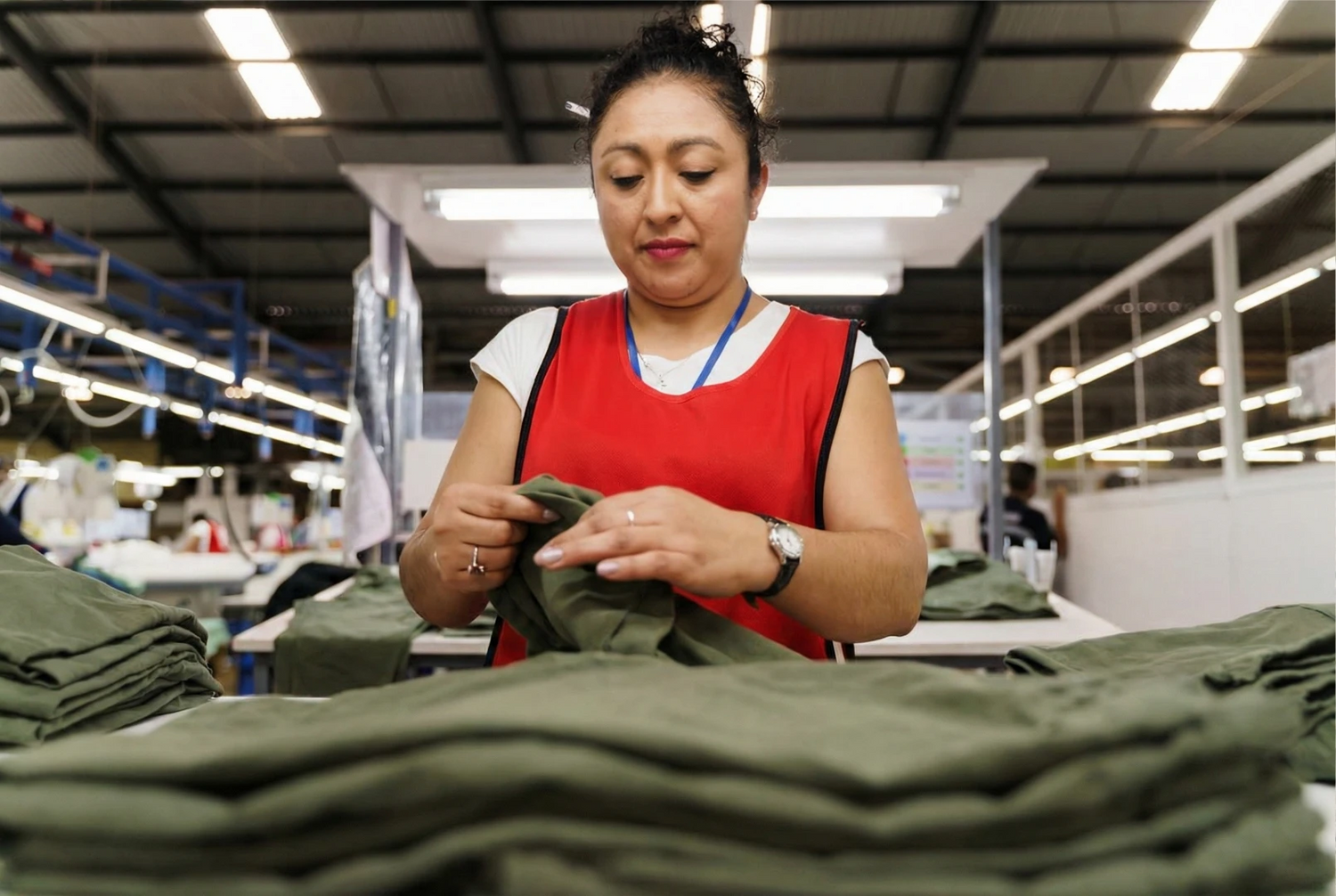 A woman wearing a red apron over a white shirt stands at a table in a brightly lit garment factory, focused on inspecting and folding olive-green clothing. In the background, rows of overhead lights, industrial equipment, and other blurred workers are visible.