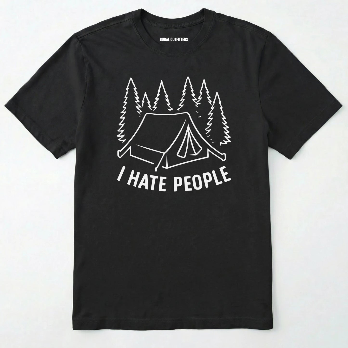 Black i hate everybody t-shirt with tent and pine tree graphic on a white background.